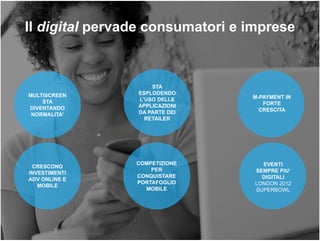 Il digital pervade consumatori e imprese



                    STA
MULTISCREEN     ESPLODENDO
                L’USO DELLE      M-PAYMENT IN
    STA                             FORTE
DIVENTANDO      APPLICAZIONI
                DA PARTE DEI       CRESCITA
 NORMALITA’
                  RETAILER




                COMPETIZIONE        EVENTI
 CRESCONO
                    PER           SEMPRE PIU’
INVESTIMENTI
                CONQUISTARE         DIGITALI
ADV ONLINE E
                PORTAFOGLIO       LONDON 2012
   MOBILE
                  MOBILE          SUPERBOWL
 