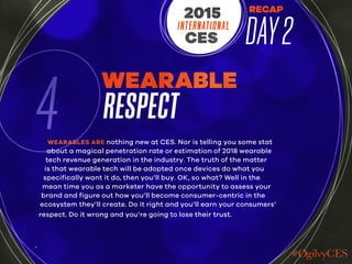 RECAP
DAY2INTERNATIONAL
CES
2015
4
WEARABLE
RESPECT
WEARABLES ARE nothing new at CES. Nor is telling you some stat
about a...