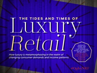Luxury
Retail
T H E T I D E S A N D T I M E S O F
How luxury is metamorphosing in the realm of
changing consumer demands and income patterns.
INSIGHTS
FROM THE
KEYNOTE
“THE CHANGING
WORLD OF LUXURY
RETAILING”
COMPILED BY
ASHLEY MACKEL
AND SHASHWITH
UTHAPPA
OGILVY &
MATHER
 