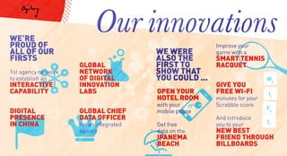 W4
I1
I1
F4
Get free
data on the
IPANEMA
BEACH
Improve your
game with a
SMART TENNIS
RACQUET
GIVE YOU
FREE WI-FI
minutes for your
Scrabble score
And introduce
you to your
NEW BEST
FRIEND THROUGH
BILLBOARDS
OPEN YOUR
HOTEL ROOM
with your
mobile phone
WE’RE
PROUD OF
ALL OF OUR
FIRSTS
WE WERE
ALSO THE
FIRST TO
SHOW THAT
YOU COULD ...
1st agency network
to establish an ...
INTERACTIVE
CAPABILITY
DIGITAL
PRESENCE
IN CHINA
GLOBAL
NETWORK
OF DIGITAL
INNOVATION
LABS
GLOBAL CHIEF
DATA OFFICER
for an integrated
agency
Our innovations
 