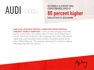 1 9
AUDI
AUDI HAS LAUNCHED SEVERAL CAMPAIGNS USING VERTICAL
MEDIUMS, NAMELY SNAPCHAT. In 2015, an Audi campaign around the
brand’s involvement in the Le Mans race, a 24 hour race of endurance in
France, “delivered a 36 percent video completion rate, which is 80 percent
higher than automotive benchmark at Celtra, the ad tech partner on the
effort.“ (Mobile Majority). The campaign repurposed TV assets by cropping
and shortening them to 8-seconds.
“DELIVERED A 36 PERCENTVIDEO
COMPLETION RATE,WHICH IS
80 percent higher
THAN AUTOMOTIVE BENCHMARK”
 