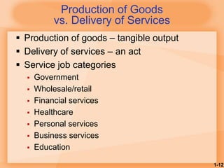 1-12
Production of Goods
vs. Delivery of Services
 Production of goods – tangible output
 Delivery of services – an act
 Service job categories
 Government
 Wholesale/retail
 Financial services
 Healthcare
 Personal services
 Business services
 Education
 