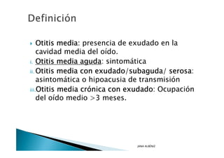 Otitis media: presencia de exudado en la
    cavidad media del oído.
i. Otitis media aguda sintomática
                 aguda:
ii. Otitis media con exudado/subaguda/ serosa:
                                         serosa
    asintomática o hipoacusia de transmisión
iii.Otitis media crónica con exudado Ocupación
                 cró         exudado:
    del oído medio >3 meses.




                              JANA ALBÉNIZ
 