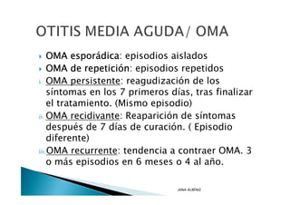 OMA esporádica episodios aislados
          esporádica:
    OMA de repetición: episodios repetidos
             repetició
i. OMA persistente: reagudización de los
    síntomas en los 7 primeros días, tras finalizar
    el tratamiento. (Mismo episodio)
ii. OMA recidivante: Reaparición de síntomas
    después de 7 días de curación. ( Episodio
    diferente)
iii.OMA recurrente: tendencia a contraer OMA. 3
    o más episodios en 6 meses o 4 al año.

                                 JANA ALBÉNIZ
 