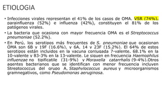 ETIOLOGIA
• Infecciones virales representan el 41% de los casos de OMA. VSR (74%),
parainfluenza (52%) e influenza (42%), constituyen el 81% de los
patógenos virales.
• La bacteria que ocasiona con mayor frecuencia OMA es el Streptococcus
pneumoniae (52.2%).
• En Perú, los serotipos más frecuentes de S. pneumoniae que ocasionan
ОМА son 6B y 19F (16.6%), у 6A, 14 y 23F (15.2%). El 64% de estos
serotipos están incluidos en la vacuna conjugada 7-valente, 68.1% en la
10-valente y 83-3% en la 13-valente. Le siguen en frecuencia Haemophilus
influenzae no tipificatile (31-9%) y Moraxella catarrhalis (9-4%).Otros
agentes bacterianos que se identifican con menor frecuencia incluyen
Streptococcus del grupo A, Staphylococcus aureus y microorganismos
gramnegativos, como Pseudomonas aeruginosa.
 