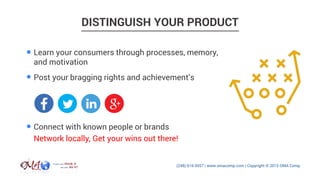 DISTINGUISH YOUR PRODUCT
Learn your consumers through processes, memory,
and motivation
Post your bragging rights and achievement’s
Connect with known people or brands
Network locally, Get your wins out there!
 