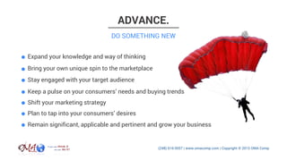 ADVANCE.
DO SOMETHING NEW
Expand your knowledge and way of thinking
Bring your own unique spin to the marketplace
Stay engaged with your target audience
Keep a pulse on your consumers’ needs and buying trends
Shift your marketing strategy
Plan to tap into your consumers’ desires
Remain significant, applicable and pertinent and grow your business
 