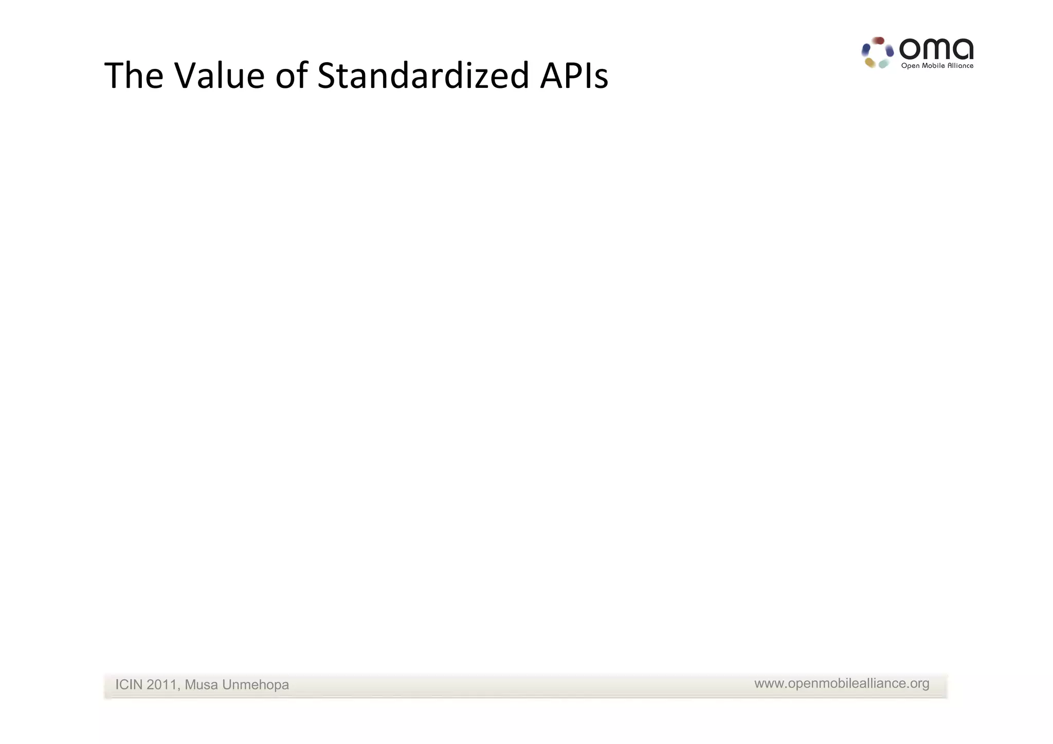The Value of Standardized APIs




ICIN 2011, Musa Unmehopa         www.openmobilealliance.org
 