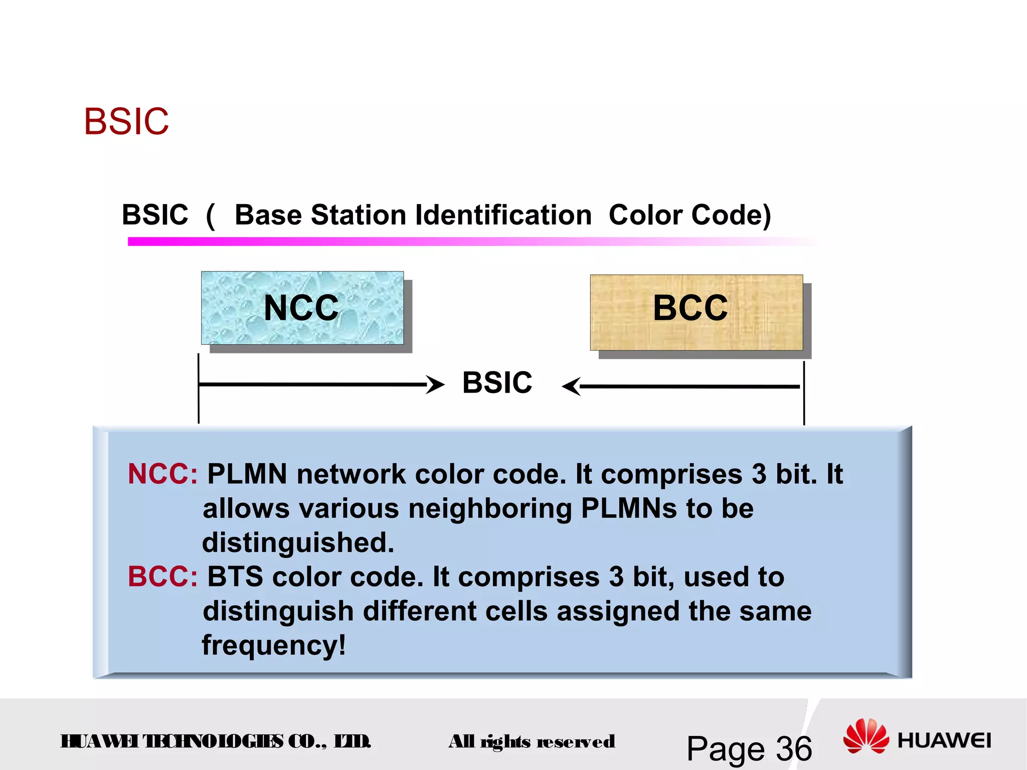 BSIC

     BSIC （ Base Station Identification Color Code)


                NCC                                BCC

                              BSIC


     NCC: PLMN network color code. It comprises 3 bit. It
         allows various neighboring PLMNs to be
         distinguished.
     BCC: BTS color code. It comprises 3 bit, used to
         distinguish different cells assigned the same
         frequency!


HUAW I T CH
    E E NOL OGIE CO., L D.
                S      T     All rights reserved
                                                    Page 36
 