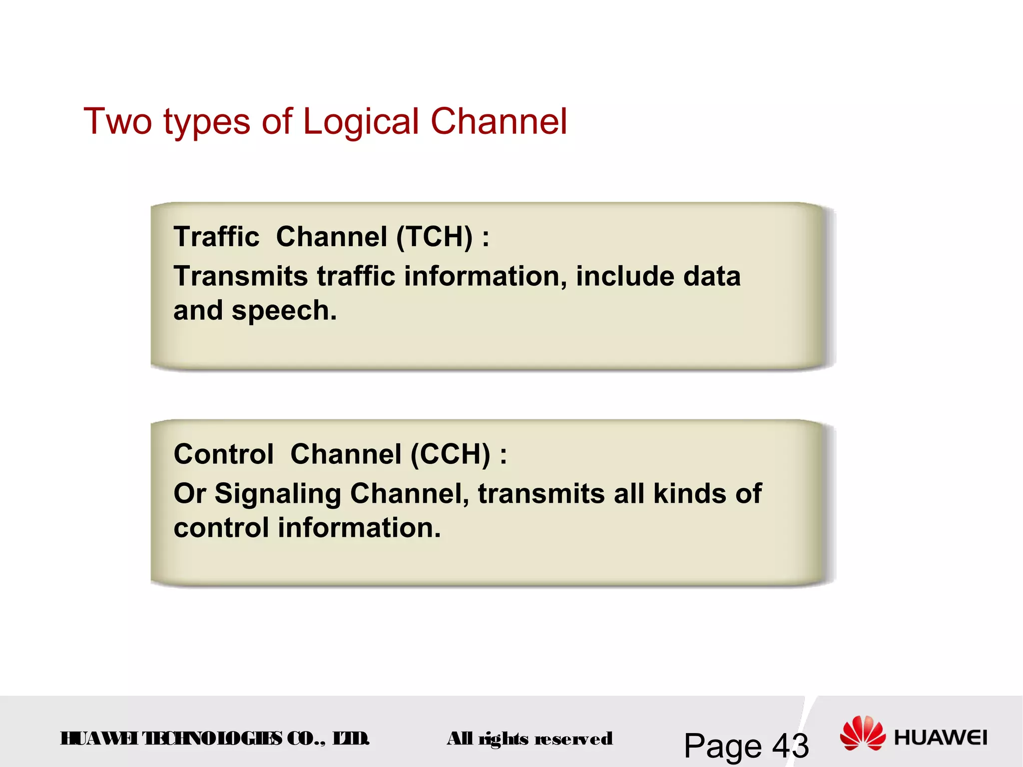 Two types of Logical Channel


         Traffic Channel (TCH) :
         Transmits traffic information, include data
         and speech.




         Control Channel (CCH) :
         Or Signaling Channel, transmits all kinds of
         control information.




HUAW I T CH
    E E NOL OGIE CO., L D.
                S      T     All rights reserved
                                                   Page 43
 