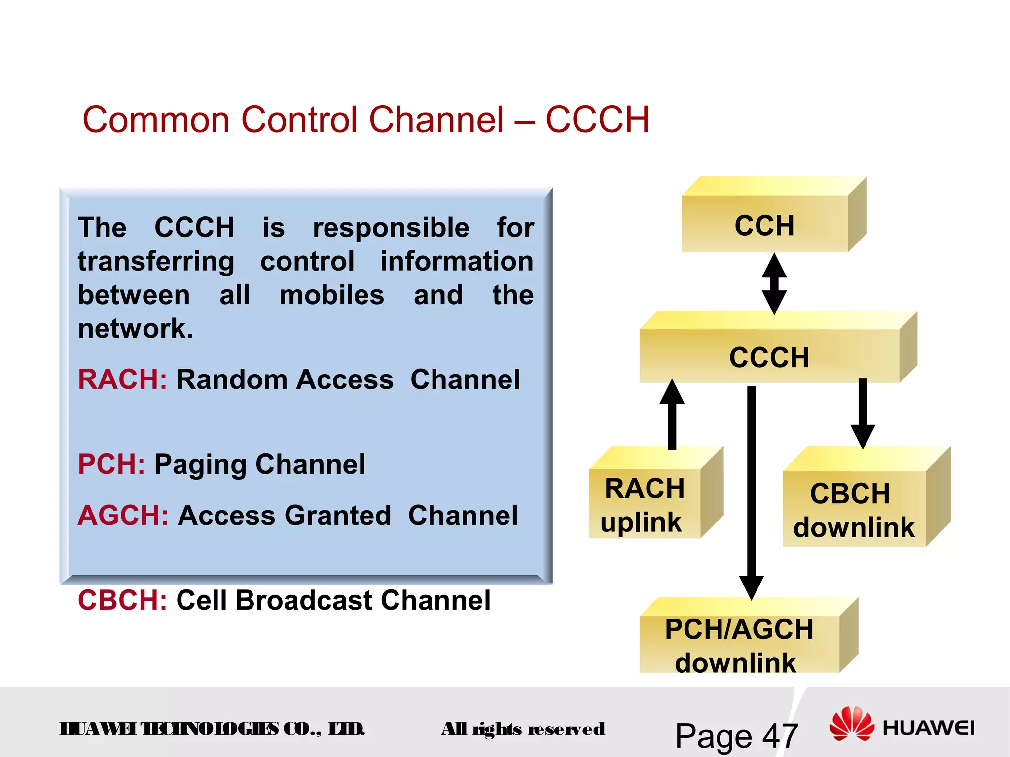 Common Control Channel – CCCH

 The CCCH is responsible for                            CCH
 transferring control information
 between all mobiles and the
 network.
                                                        CCCH
 RACH: Random Access Channel


 PCH: Paging Channel
                                               RACH         CBCH
 AGCH: Access Granted Channel                  uplink      downlink

 CBCH: Cell Broadcast Channel
                                                   PCH/AGCH
                                                    downlink

HUAW I T CH
    E E NOL OGIE CO., L D.
                S      T     All rights reserved
                                                    Page 47
 