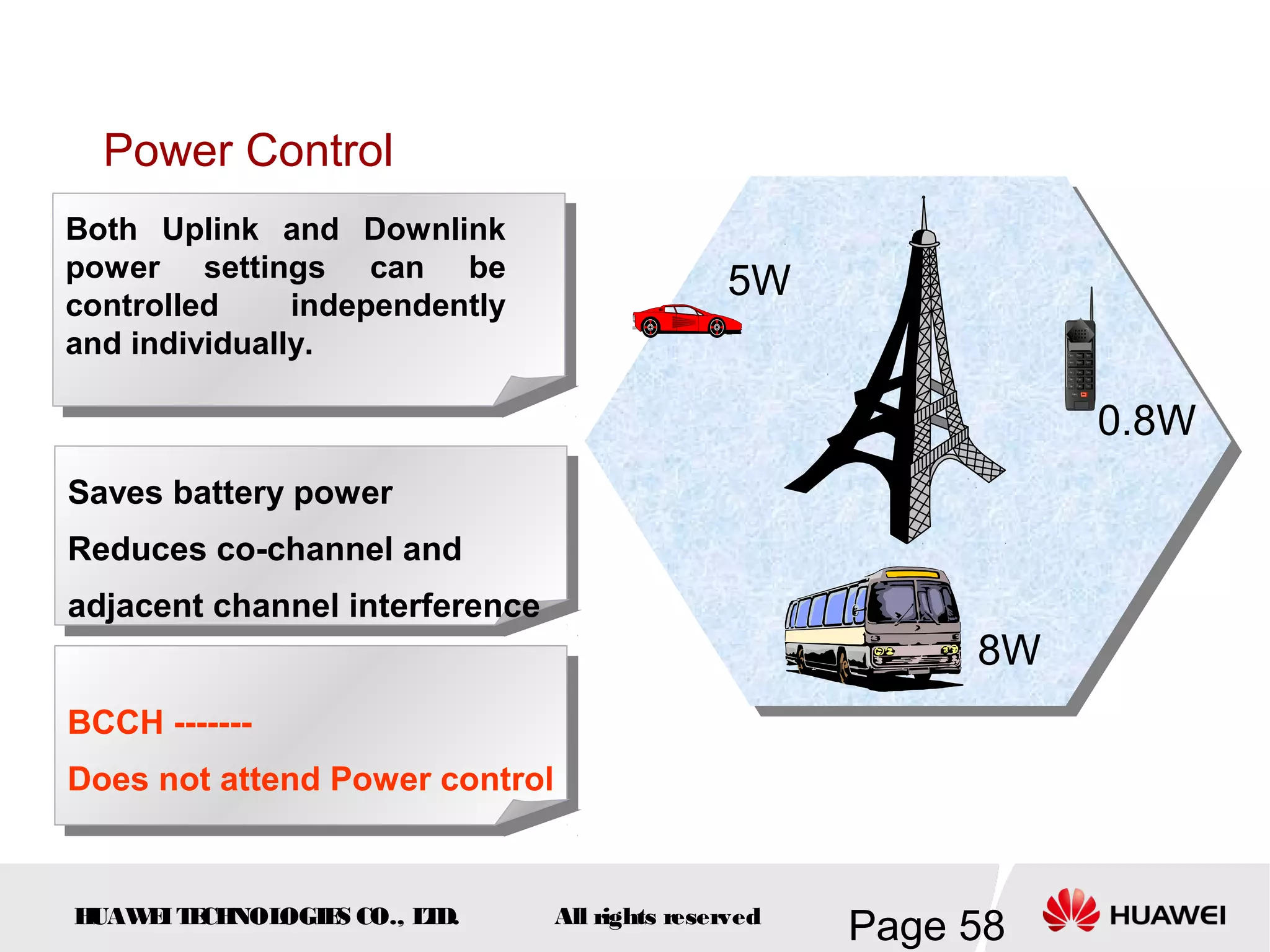 Power Control
Both Uplink and Downlink
power settings can be
controlled     independently
                                               5W
and individually.

                                                                0.8W
Saves battery power
Reduces co-channel and
adjacent channel interference
                                                           8W
BCCH -------
Does not attend Power control


HUAW I T CH
    E E NOL OGIE CO., L D.
                S      T        All rights reserved
                                                      Page 58
 