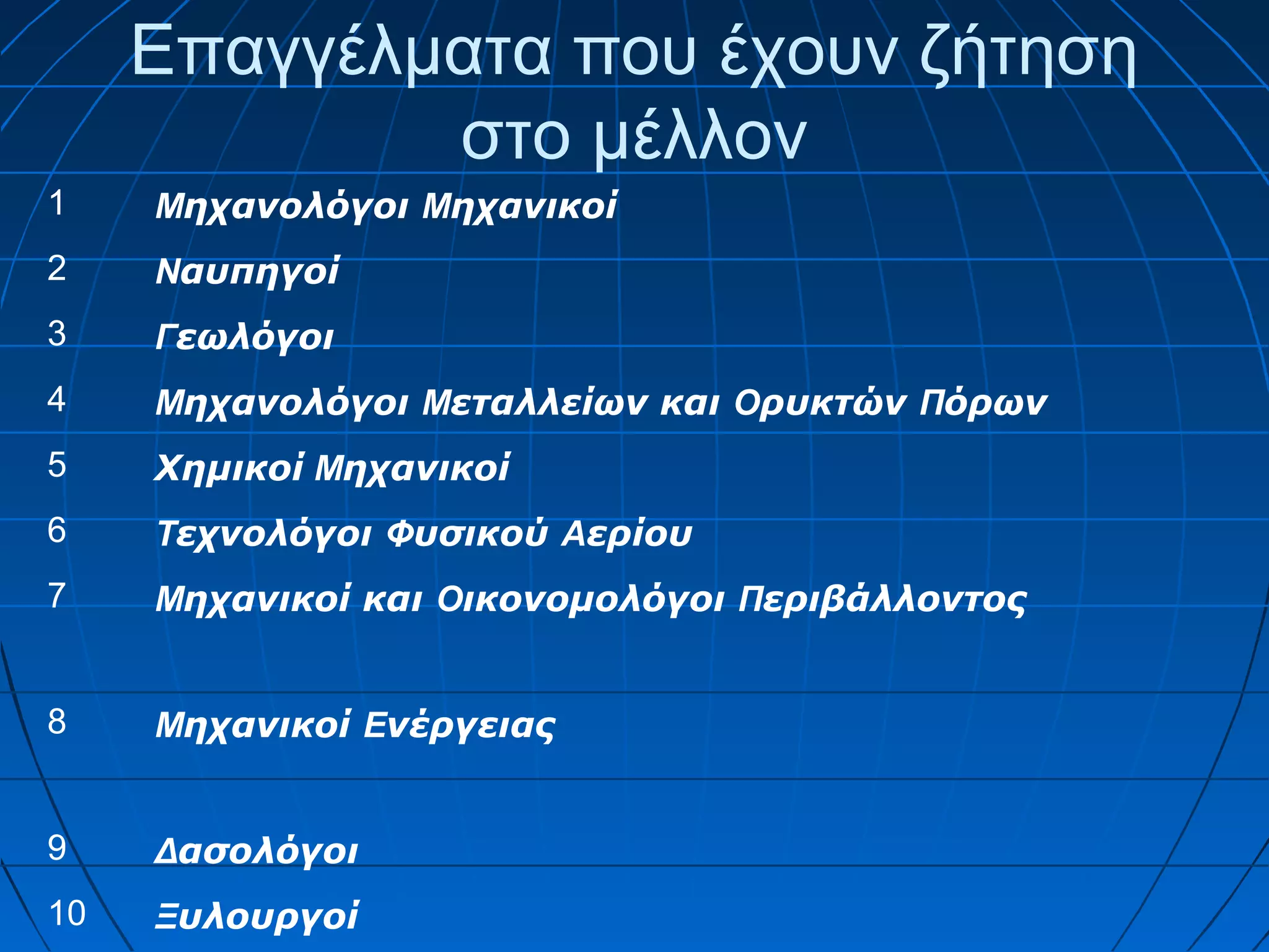 Επαγγέλματα που έχουν ζήτηση
στο μέλλον
1

Μηχανολόγοι Μηχανικοί

2

Ναυπηγοί

3

Γεωλόγοι

4

Μηχανολόγοι Μεταλλείων και Ορυκτών Πόρων

5

Χημικοί Μηχανικοί

6

Τεχνολόγοι Φυσικού Αερίου

7

Μηχανικοί και Οικονομολόγοι Περιβάλλοντος

8

Μηχανικοί Ενέργειας

9

Δασολόγοι

10

Ξυλουργοί

 