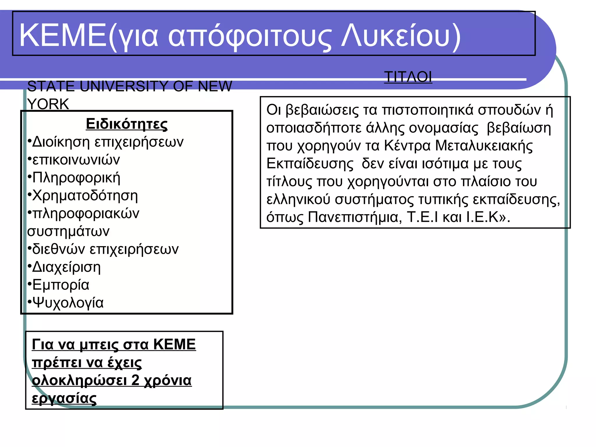 ΚΕΜΕ(για απόφοιτους Λυκείου)
STATE UNIVERSITY OF NEW
YORK
Ειδικότητες
•Διοίκηση επιχειρήσεων
•επικοινωνιών
•Πληροφορική
•Χρηματοδότηση
•πληροφοριακών
συστημάτων
•διεθνών επιχειρήσεων
•Διαχείριση
•Εμπορία
•Ψυχολογία
Για να μπεις στα ΚΕΜΕ
πρέπει να έχεις
ολοκληρώσει 2 χρόνια
εργασίας

ΤΙΤΛΟΙ
Οι βεβαιώσεις τα πιστοποιητικά σπουδών ή
οποιασδήποτε άλλης ονομασίας βεβαίωση
που χορηγούν τα Κέντρα Μεταλυκειακής
Εκπαίδευσης δεν είναι ισότιμα με τους
τίτλους που χορηγούνται στο πλαίσιο του
ελληνικού συστήματος τυπικής εκπαίδευσης,
όπως Πανεπιστήμια, Τ.Ε.Ι και Ι.Ε.Κ».

 