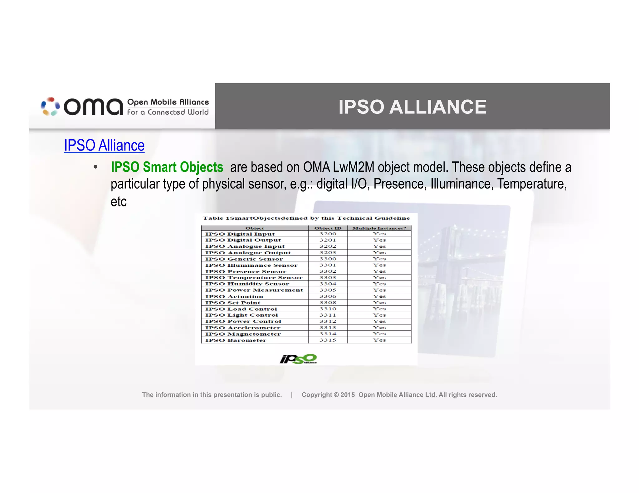 IPSO ALLIANCE
IPSO Alliance
•  IPSO Smart Objects are based on OMA LwM2M object model. These objects define a
particular type of physical sensor, e.g.: digital I/O, Presence, Illuminance, Temperature,
etc
The information in this presentation is public. | Copyright © 2015 Open Mobile Alliance Ltd. All rights reserved.
 