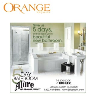 Give us
5 days,
and we’ll give you a
beautiful
new bathroom.




                 Kitchen & Bath Specialists
           1.800.New.Bath | www.5daybath.com
 