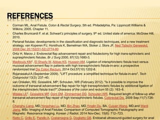 REFERENCES
 Corman ML. Anal Fistula. Colon & Rectal Surgery. 5th ed. Philadelphia, Pa: Lippincott Williams &
Wilkins; 2005. Chapter 11.
 Charles Brunicardi F. et al. Schwart’z principles of surgery. 9th ed. United state of america: McGraw Hill,
2010.
 Perianal fistulas: developments in the classification and diagnostic techniques, and a new treatment
strategy. van Koperen PJ, Horsthuis K, Bemelman WA, Stoker J, Slors JF. Ned Tijdschr Geneeskd.
2008 Dec 20;152(51-52):2774-80
 Ortiz H, Marzo J: Endorectal flap advancement repair and fistulectomy for high trans-sphincteric and
suprasphincteric fistulas. Br J Surg 2000, 87(12):1680-3.
 Madbouly KM1, El Shazly W, Abbas KS, Hussein AM. Ligation of intersphincteric fistula tract versus
mucosal advancement flap in patients with high transsphincteric fistula-in-ano: a prospective
randomized trial Dis Colon Rectum. 2014 Oct;57(10):1202-8.
 Rojanasakul A (September 2009). "LIFT procedure: a simplified technique for fistula-in-ano". Tech
Coloproctol 13(3): 237–40.
 van Onkelen, RS; Gosselink, MP; Schouten, WR (February 2012). "Is it possible to improve the
outcome of transanal advancement flap repair for high transsphincteric fistulas by additional ligation of
the intersphincteric fistula tract?".Diseases of the colon and rectum 55 (2): 163–6.
 Mitalas LE1, Gosselink MP, Oom DM, Zimmerman DD, Schouten WR. Required length of follow-up after
transanal advancement flap repair of high transsphincteric fistulas. Colorectal Dis. 2009 Sep;11(7):726-
8.
 Changhu Liang, MD,Yongchao Lu, MD, Bin Zhao, MD,Yinglin Du, BA, Cuiyan Wang, MD,and Wanli
Jiang, MSc. Imaging of Anal Fistulas: Comparison of Computed Tomographic Fistulography and
Magnetic Resonance Imaging. Korean J Radiol. 2014 Nov-Dec; 15(6): 712–723.
 Ratto C, Grillo E, Parello A, Costamagna G, Doglietto GB. Endoanal ultrasound-guided surgery for anal
 