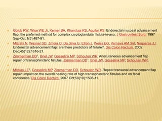 Golub RW, Wise WE Jr, Kerner BA, Khanduja KS, Aguilar PS. Endorectal mucosal advancement
flap: the preferred method for complex cryptoglandular fistula-in-ano. J Gastrointest Surg. 1997
Sep-Oct;1(5):487-91.
 Mizrahi N, Wexner SD, Zmora O, Da Silva G, Efron J, Weiss EG, Vernava AM 3rd, Nogueras JJ.
Endorectal advancement flap: are there predictors of failure?. Dis Colon Rectum. 2002
Dec;45(12):1616-21.
 Zimmerman DD1, Briel JW, Gosselink MP, Schouten WR. Anocutaneous advancement flap
repair of transsphincteric fistulas. Zimmerman DD1, Briel JW, Gosselink MP, Schouten WR.

 Mitalas LE1, Gosselink MP, Zimmerman DD, Schouten WR. Repeat transanal advancement flap
repair: impact on the overall healing rate of high transsphincteric fistulas and on fecal
continence. Dis Colon Rectum. 2007 Oct;50(10):1508-11.
 