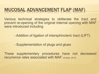 MUCOSAL ADVANCEMENT FLAP (MAF)
Various technical strategies to obliterate the tract and
prevent re-opening of the original internal opening with MAF
were introduced including
- Addition of ligation of intersphincteric tract (LIFT)
- Supplementation of plugs and glues
These supplementary procedures have not decreased
recurrence rates associated with MAF (Onkelin, 2012)
 