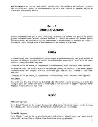 22
Por exemplo - No caso de uma doença, mesmo súbita, inexplicável e estranhíssima, primeiro
procure o médico! Depois, ou simultaneamente, se for o caso, acione as "Defesas Magnéticas
Corretivas" que veremos adiante.
--------------------------------------------------------------------------------
Parte 9
CÍRCULO VICIOSO
Fulano deliberadamente gera e emite uma energia humana para Sicrano, que devolve no mesmo
padrão vibratório-moral. Fulano continua emitindo e Sicrano devolvendo no mesmo padrão
vibratório-moral. As energias de Sicrano realimentam e reintensificam as energias de Fulano. E
vice-versa. Fulano absorve todas as energias emitidas por Sicrano. E vice-versa.
CAUSA
Sabemos muito bem - De acordo com a lei que rege o Magnetismo Humano, em qualquer caso de
encontro de energias humanas de teores vibratórios-morais semelhantes, mais ainda se forem
idênticos, sempre ocorrerá o seguinte:
-- Elas se afinam, se atraem, se completam e se interpenetram, numa comunhão plena e pacífica.
No exemplo acima - As energias humanas emitidas (de Fulano para Beltrano) são do mesmo padrão
vibratório-moral das energias humanas devolvidas (por Beltrano para Fulano). E vice-versa.
Portanto:
-- Elas se afinam, se atraem, se completam e se interpenetram, numa comunhão plena e pacífica.
Resultado
Enquanto um dos dois (Fulano ou Beltrano) não interromper aquele processo, o circuito das
energias deles dois continuará ativo e ininterrupto. E um continuará a absorver completamente
todas as energias enviadas pelo outro.
EFEITO
Primeira hipótese
Se o Círculo Vicioso for de energias humanas de altos teores vibratórios-morais - amor, ternura,
honestidade, etc. - ambos (Fulano e Beltrano) serão continuamente beneficiados.
Segunda hipótese
Se o Círculo Vicioso for de energias humanas de baixos teores vibratórios-morais - ódio, inveja,
ciúme, etc. - ambos (Fulano e Beltrano) serão continuamente prejudicados.
 