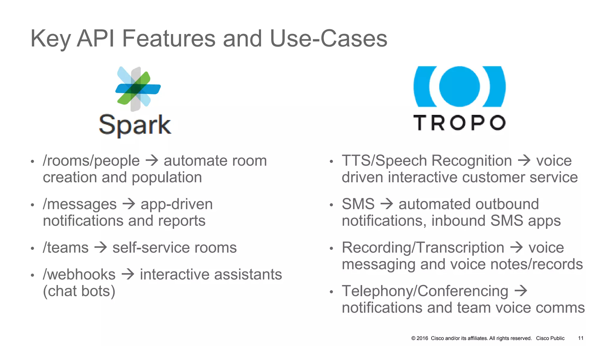 © 2016 Cisco and/or its affiliates. All rights reserved. Cisco Public 11
Key API Features and Use-Cases
• /rooms/people  automate room
creation and population
• /messages  app-driven
notifications and reports
• /teams  self-service rooms
• /webhooks  interactive assistants
(chat bots)
• TTS/Speech Recognition  voice
driven interactive customer service
• SMS  automated outbound
notifications, inbound SMS apps
• Recording/Transcription  voice
messaging and voice notes/records
• Telephony/Conferencing 
notifications and team voice comms
 