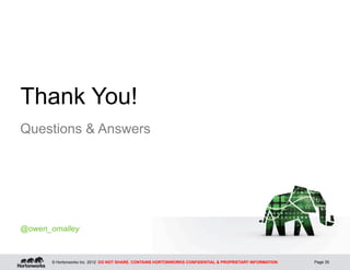 Thank You!
Questions & Answers




@owen_omalley



      © Hortonworks Inc. 2012: DO NOT SHARE. CONTAINS HORTONWORKS CONFIDENTIAL & PROPRIETARY INFORMATION   Page 35
 
