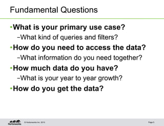 Fundamental Questions

• What is your primary use case?
 – What kind of queries and filters?
• How do you need to access the data?
 – What information do you need together?
• How much data do you have?
 – What is your year to year growth?
• How do you get the data?



    © Hortonworks Inc. 2013                 Page 5
 