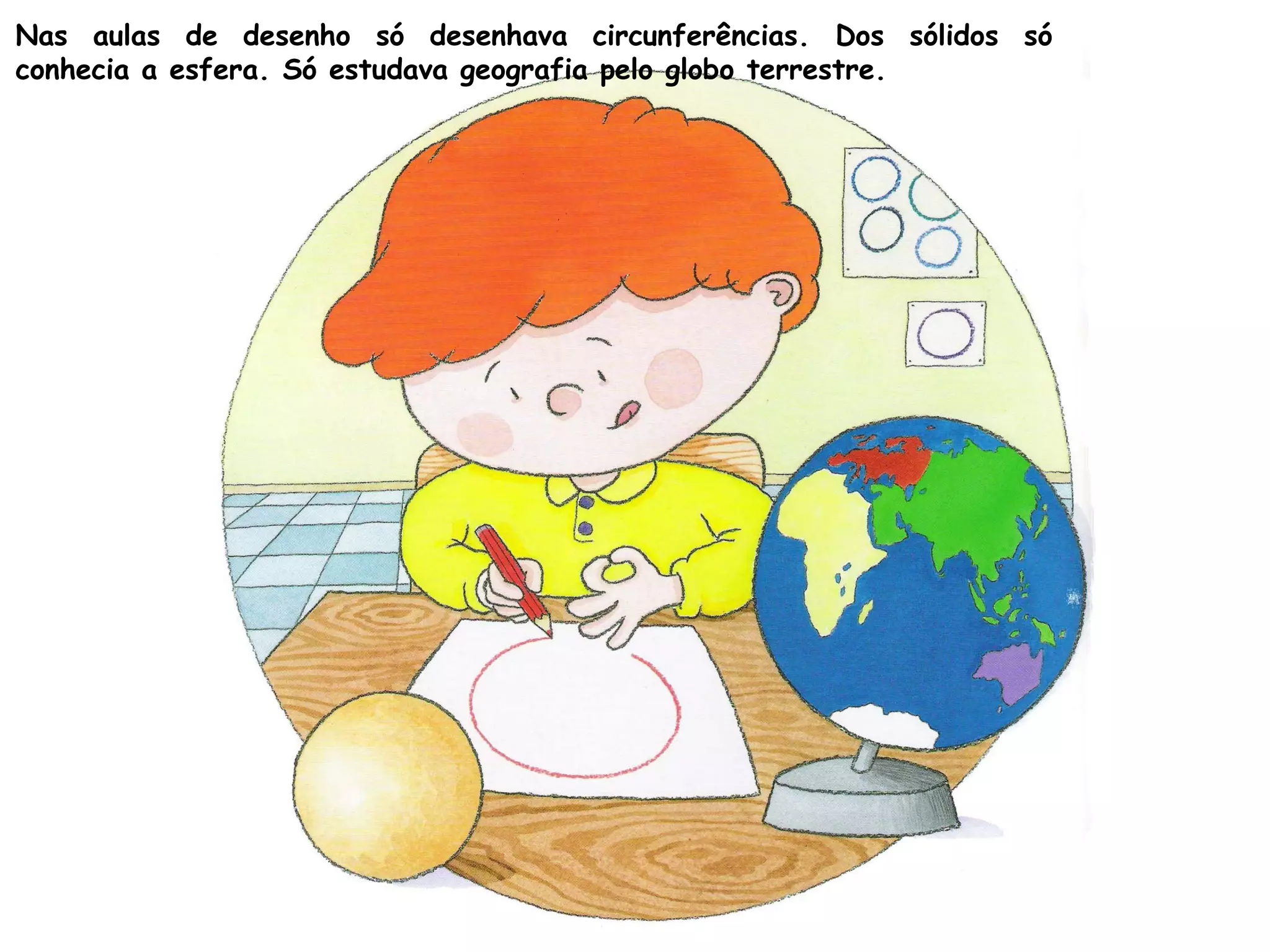 Nas aulas de desenho só desenhava circunferências. Dos sólidos só
conhecia a esfera. Só estudava geografia pelo globo terrestre.
 