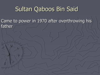 1913  - Control of the country splits. The interior is ruled by Ibadite imams and the coastal areas by the sultan. Under a British-brokered agreement in 1920 the sultan recognises the autonomy of the interior. 