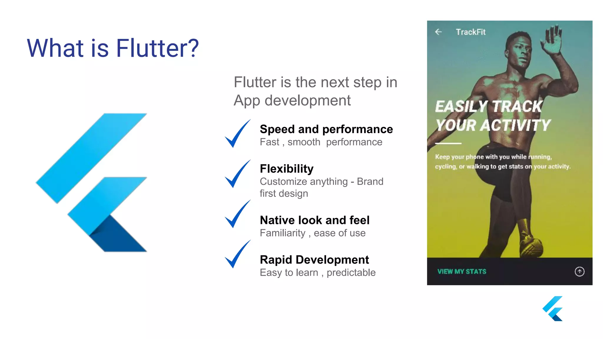 What is Flutter?
Flutter is the next step in
App development
Speed and performance
Fast , smooth performance
Flexibility
Customize anything - Brand
first design
Native look and feel
Familiarity , ease of use
Rapid Development
Easy to learn , predictable
 