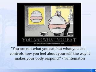 "You are not what you eat, but what you eat
controls how you feel about yourself, the way it
   makes your body respond." - Tuntematon
 