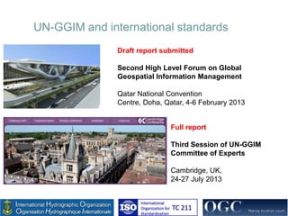 UN-GGIM and international standards
Draft report submitted

Second High Level Forum on Global
Geospatial Information Management
Qatar National Convention
Centre, Doha, Qatar, 4-6 February 2013

Full report
Third Session of UN-GGIM
Committee of Experts
Cambridge, UK,
24-27 July 2013

International
Organization for
Standardization

TC 211

 