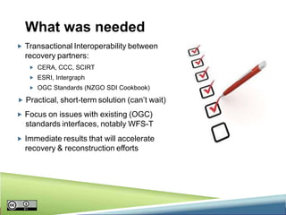 What was needed
 Transactional Interoperability between

recovery partners:
 CERA, CCC, SCIRT
 ESRI, Intergraph
 OGC Standards (NZGO SDI Cookbook)

 Practical, short-term solution (can’t wait)
 Focus on issues with existing (OGC)

standards interfaces, notably WFS-T
 Immediate results that will accelerate

recovery & reconstruction efforts

 