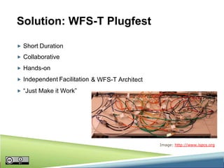 Solution: WFS-T Plugfest
 Short Duration
 Collaborative
 Hands-on
 Independent Facilitation & WFS-T Architect
 “Just Make it Work”

Image: http://www.ispcs.org

 