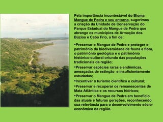 Pela importância incontestável do Bioma
Mangue de Pedra e seu entorno, sugerimos
a criação da Unidade de Conservação do
Parque Estadual do Mangue de Pedra que
abrange os municípios de Armação dos
Búzios e Cabo Frio, a fim de:

Preservar o Mangue de Pedra e proteger o
patrimônio da biodiversidade de fauna e flora,
o patrimônio geológico e o patrimônio
histórico-cultural oriundo das populações
tradicionais da região;
Preservar espécies raras e endêmicas,
ameaçadas de extinção e insuficientemente
estudadas;
Incentivar o turismo científico e cultural;
Preservar e recuperar os remanescentes de
Mata Atlântica e os recursos hídricos;
Preservar o Mangue de Pedra em benefício
das atuais e futuras gerações, reconhecendo
sua relevância para o desenvolvimento sócio-
econômico da região.
 