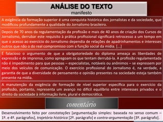 ANÁLISE DO TEXTO
                                                                 manifesto
A	
  exigência	
  da	
  formação	
  superior	
  é	
  uma	
  conquista	
  histórica	
  dos	
  jornalistas	
  e	
  da	
  sociedade,	
  que	
  
modiﬁcou	
  profundamente	
  a	
  qualidade	
  do	
  Jornalismo	
  brasileiro.	
  
Depois	
  de	
  70	
  anos	
  da	
  regulamentação	
  da	
  proﬁssão	
  e	
  mais	
  de	
  40	
  anos	
  de	
  criação	
  dos	
  Cursos	
  de	
  
Jornalismo,	
  derrubar	
  este	
  requisito	
  à	
  prá8ca	
  proﬁssional	
  signiﬁcará	
  retrocesso	
  a	
  um	
  tempo	
  em	
  
que	
   o	
   acesso	
   ao	
   exercício	
   do	
   Jornalismo	
   dependia	
   de	
   relações	
   de	
   apadrinhamentos	
   e	
   interesses	
  
outros	
  que	
  não	
  o	
  do	
  real	
  compromisso	
  com	
  a	
  função	
  social	
  da	
  mídia.	
  [...]	
  
É	
   falacioso	
   o	
   argumento	
   de	
   que	
   a	
   obrigatoriedade	
   do	
   diploma	
   ameaça	
   as	
   liberdades	
   de	
  
expressão	
  e	
  de	
  imprensa,	
  como	
  apregoam	
  os	
  que	
  tentam	
  derrubá-­‐la.	
  A	
  proﬁssão	
  regulamentada	
  
não	
   é	
   impedimento	
   para	
   que	
   pessoas	
   –	
   especialistas,	
   notáveis	
   ou	
   anônimos	
   –	
   se	
   expressem	
   por	
  
meio	
   dos	
   veículos	
   de	
   comunicação.	
   O	
   exercício	
   proﬁssional	
   do	
   Jornalismo	
   é,	
   na	
   verdade,	
   a	
  
garan8a	
   de	
   que	
   a	
   diversidade	
   de	
   pensamento	
   e	
   opinião	
   presentes	
   na	
   sociedade	
   esteja	
   também	
  
presente	
  na	
  mídia.	
  	
  
A	
   manutenção	
   da	
   exigência	
   de	
   formação	
   de	
   nível	
   superior	
   especíﬁca	
   para	
   o	
   exercício	
   da	
  
proﬁssão,	
   portanto,	
   representa	
   um	
   avanço	
   no	
   diecil	
   equilíbrio	
   entre	
   interesses	
   privados	
   e	
   o	
  
direito	
  da	
  sociedade	
  à	
  informação	
  livre,	
  plural	
  e	
  democrá8ca.	
  	
  

                                                            comentário
Desenvolvimento	
   feito	
   por	
   constatações	
   [argumentação	
   simples:	
   baseada	
   no	
   senso	
   comum	
   –	
  
1º.	
  e	
  4º.	
  parágrafos],	
  trajetória	
  histórica	
  [2º.	
  parágrafo]	
  e	
  contra-­‐argumentação	
  [3º.	
  parágrafo].	
  
 
