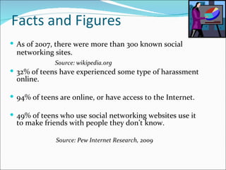 Facts and Figures
 As of 2007, there were more than 300 known social
  networking sites.
              Source: wikipedia.org
 32% of teens have experienced some type of harassment
  online.

 94% of teens are online, or have access to the Internet.

 49% of teens who use social networking websites use it
  to make friends with people they don’t know.

              Source: Pew Internet Research, 2009
 