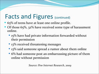 Facts and Figures (continued)
 65% of teens have at least one online profile.
 Of those 65%, 32% have received some type of harassment
 online.
   15% have had private information forwarded without
    their permission
   13% received threatening messages
   13% said someone spread a rumor about them online
   6% had someone post an embarrassing picture of them
    online without permission

                Source: Pew Internet Research, 2009
 