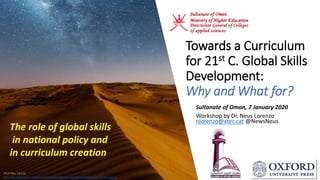 Towards a Curriculum
for 21st C. Global Skills
Development:
Why and What for?
Sultanate of Oman, 7 January 2020
Workshop by Dr. Neus Lorenzo
nlorenzo@xtec.cat @NewsNeus
Wahiba Sands
http://d3e1m60ptf1oym.cloudfront.net/b7cbf2fa-458a-469f-a8cb-f0139c638f83/F35453-FR-04_uxga.jpg
The role of global skills
in national policy and
in curriculum creation
 
