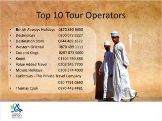 Top 10 Tour Operators
• British Airways Holidays 0870 850 9850
• Destinology 0800 072 2227
• Destination Store 0844 482 1672
• Western Oriental 0870 499 1111
• Cox and Kings 0207 873 5000
• Kuoni 01306 740 888
• Value Added Travel 0208 545 7700
• Mosaic Holidays 0208 574 4000
• Caribtours - The Private Travel Company
020 7751 0660
• Thomas Cook 0870 443 4481
 