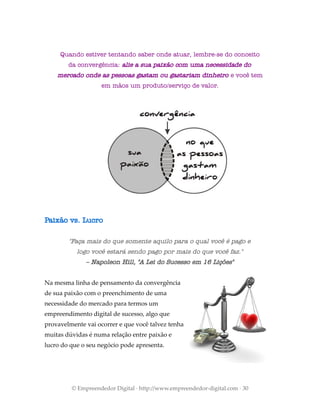 Quando estiver tentando saber onde atuar, lembre-se do conceito
da convergência: alie a sua paixão com uma necessidade do
mercado onde as pessoas gastam ou gastariam dinheiro e você tem
em mãos um produto/serviço de valor.
Paixão vs. Lucro
"Faça mais do que somente aquilo para o qual você é pago e
logo você estará sendo pago por mais do que você faz."
– Napoleon Hill, "A Lei do Sucesso em 16 Lições"
Na mesma linha de pensamento da convergência
de sua paixão com o preenchimento de uma
necessidade do mercado para termos um
empreendimento digital de sucesso, algo que
provavelmente vai ocorrer e que você talvez tenha
muitas dúvidas é numa relação entre paixão e
lucro do que o seu negócio pode apresenta.
© Empreendedor Digital · http://www.empreendedor-digital.com · 30
 