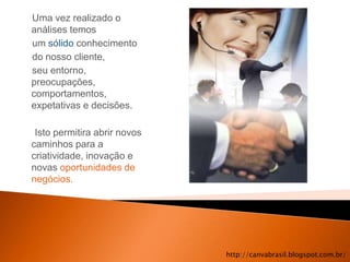 Uma vez realizado o
análises temos
um sólido conhecimento
do nosso cliente,
seu entorno,
preocupações,
comportamentos,
expetativas e decisões.

 Isto permitira abrir novos
caminhos para a
criatividade, inovação e
novas oportunidades de
negócios.




                              http://canvabrasil.blogspot.com.br/
 