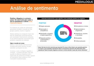 www.medialogue.com.br
POSITIVO
Elogios pessoais
Aprovação à
competência
Aprovação a projetos
e ações específicas
Resposta positiva
a declarações e
entrevistas
NEGATIVO
Brincadeiras e ironias
Agressividade e
xingamento
Intolerância, racismo
e xenofobia
Acusações
Críticas pessoais
Análise de sentimento
Positivo x Negativo é o primeiro
passo. Vá mais fundo para saber o
que os apoiadores e críticos estão
realmente falando
Veja o mundo em cores
Quem fala bem de mim menciona que assuntos? Os meus críticos fazem uma oposição genérica
ou trazem à tona episódios específicos? Quais características pessoais são destacadas pelos
apoiadores? Quais menções negativas merecem a minha atenção e quais são menos relevantes?
Entenda exatamente o que significa uma avaliação positiva ou negativa
 