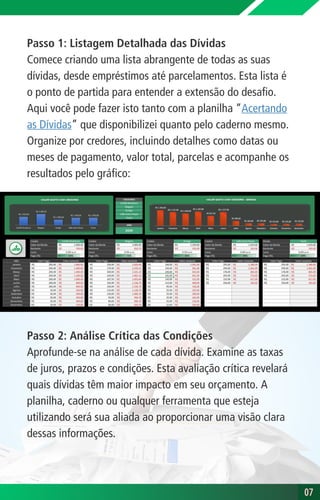 Passo 1: Listagem Detalhada das Dívidas
Comece criando uma lista abrangente de todas as suas
dívidas, desde empréstimos até parcelamentos. Esta lista é
o ponto de partida para entender a extensão do desafio.
Aqui você pode fazer isto tanto com a planilha “Acertando
as Dívidas” que disponibilizei quanto pelo caderno mesmo.
Organize por credores, incluindo detalhes como datas ou
meses de pagamento, valor total, parcelas e acompanhe os
resultados pelo gráfico:
Passo 2: Análise Crítica das Condições
Aprofunde-se na análise de cada dívida. Examine as taxas
de juros, prazos e condições. Esta avaliação crítica revelará
quais dívidas têm maior impacto em seu orçamento. A
planilha, caderno ou qualquer ferramenta que esteja
utilizando será sua aliada ao proporcionar uma visão clara
dessas informações.
07
07
 