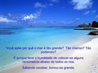 Você sabe por quê o mar é tão grande? Tão imenso? Tão
poderoso?
É porque teve a humildade de colocar-se alguns
centímetros abaixo de todos os rios.
Sabendo receber, tornou-se grande.

 