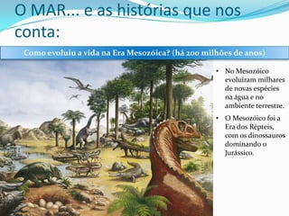O MAR... e as histórias que nos
conta:
Como evoluiu a vida na Era Mesozóica? (há 200 milhões de anos)
• No Mesozóico
evoluíram milhares
de novas espécies
na água e no
ambiente terrestre.
• O Mesozóico foi a
Era dos Répteis,
com os dinossauros
dominando o
Jurássico.

 