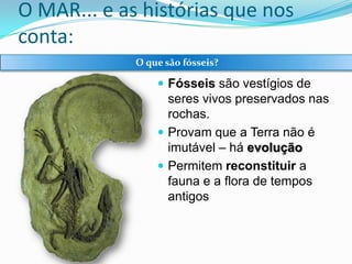 O MAR... e as histórias que nos
conta:
O que são fósseis?

 Fósseis são vestígios de

seres vivos preservados nas
rochas.
 Provam que a Terra não é
imutável – há evolução
 Permitem reconstituir a
fauna e a flora de tempos
antigos

 