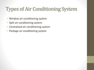 Types of Air Conditioning System
• Window air-conditioning system
• Split air-conditioning system
• Centralized air-conditioning system
• Package air-conditioning system
 