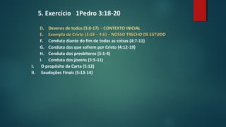 D. Deveres de todos (3:8-17) - CONTEXTO INICIAL
E.E. Exemplo de Cristo (3:18 – 4:6) – NOSSO TRECHO DE ESTUDOExemplo de Cristo (3:18 – 4:6) – NOSSO TRECHO DE ESTUDO
F. Conduta diante do fim de todas as coisas (4:7-11)
G. Conduta dos que sofrem por Cristo (4:12-19)
H. Conduta dos presbíteros (5:1-4)
I. Conduta dos jovens (5:5-11)
I. O propósito da Carta (5:12)
II. Saudações Finais (5:13-14)
5. Exercício 1Pedro 3:18-20
 