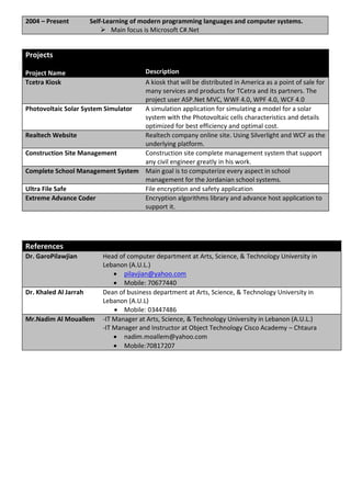 2004 – Present         Self-Learning of modern programming languages and computer systems.
                            Main focus is Microsoft C#.Net


Projects

Project Name                             Description
Tcetra Kiosk                        A kiosk that will be distributed in America as a point of sale for
                                    many services and products for TCetra and its partners. The
                                    project user ASP.Net MVC, WWF 4.0, WPF 4.0, WCF 4.0
Photovoltaic Solar System Simulator A simulation application for simulating a model for a solar
                                    system with the Photovoltaic cells characteristics and details
                                    optimized for best efficiency and optimal cost.
Realtech Website                    Realtech company online site. Using Silverlight and WCF as the
                                    underlying platform.
Construction Site Management        Construction site complete management system that support
                                    any civil engineer greatly in his work.
Complete School Management System Main goal is to computerize every aspect in school
                                    management for the Jordanian school systems.
Ultra File Safe                     File encryption and safety application
Extreme Advance Coder               Encryption algorithms library and advance host application to
                                    support it.




References
Dr. GaroPilawjian          Head of computer department at Arts, Science, & Technology University in
                           Lebanon (A.U.L.)
                                pilavjian@yahoo.com
                                Mobile: 70677440
Dr. Khaled Al Jarrah       Dean of business department at Arts, Science, & Technology University in
                           Lebanon (A.U.L)
                                Mobile: 03447486
Mr.Nadim Al Mouallem       -IT Manager at Arts, Science, & Technology University in Lebanon (A.U.L.)
                           -IT Manager and Instructor at Object Technology Cisco Academy – Chtaura
                                nadim.moallem@yahoo.com
                                Mobile:70817207
 